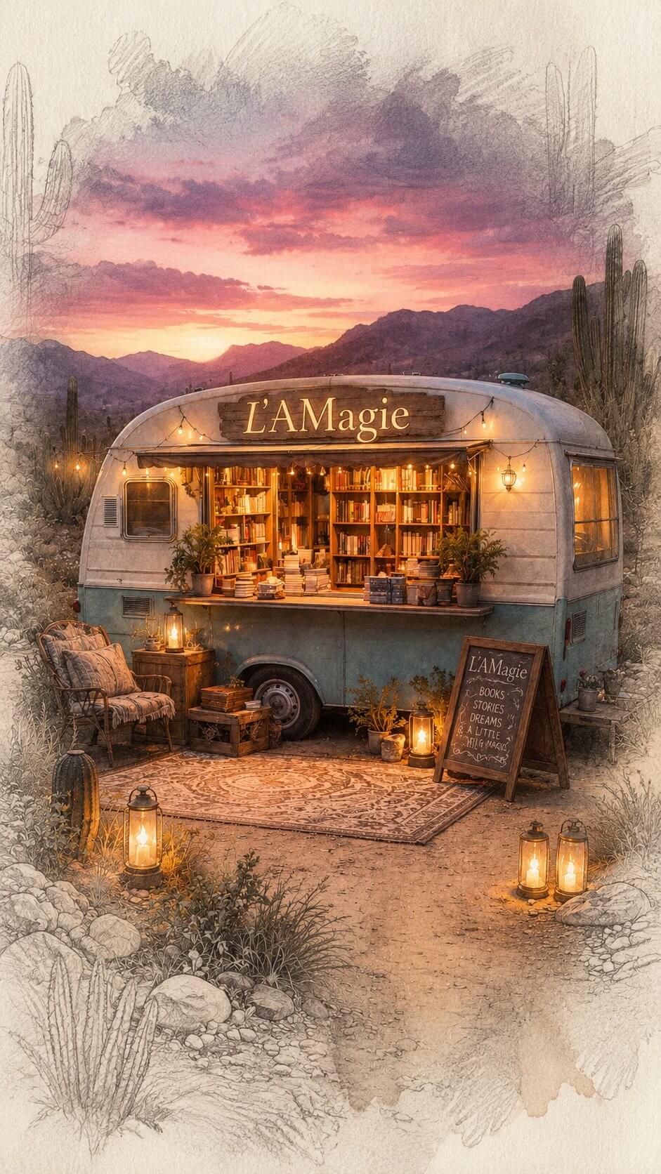 Boutique L'AMagie — caravane-librairie illuminée au crépuscule