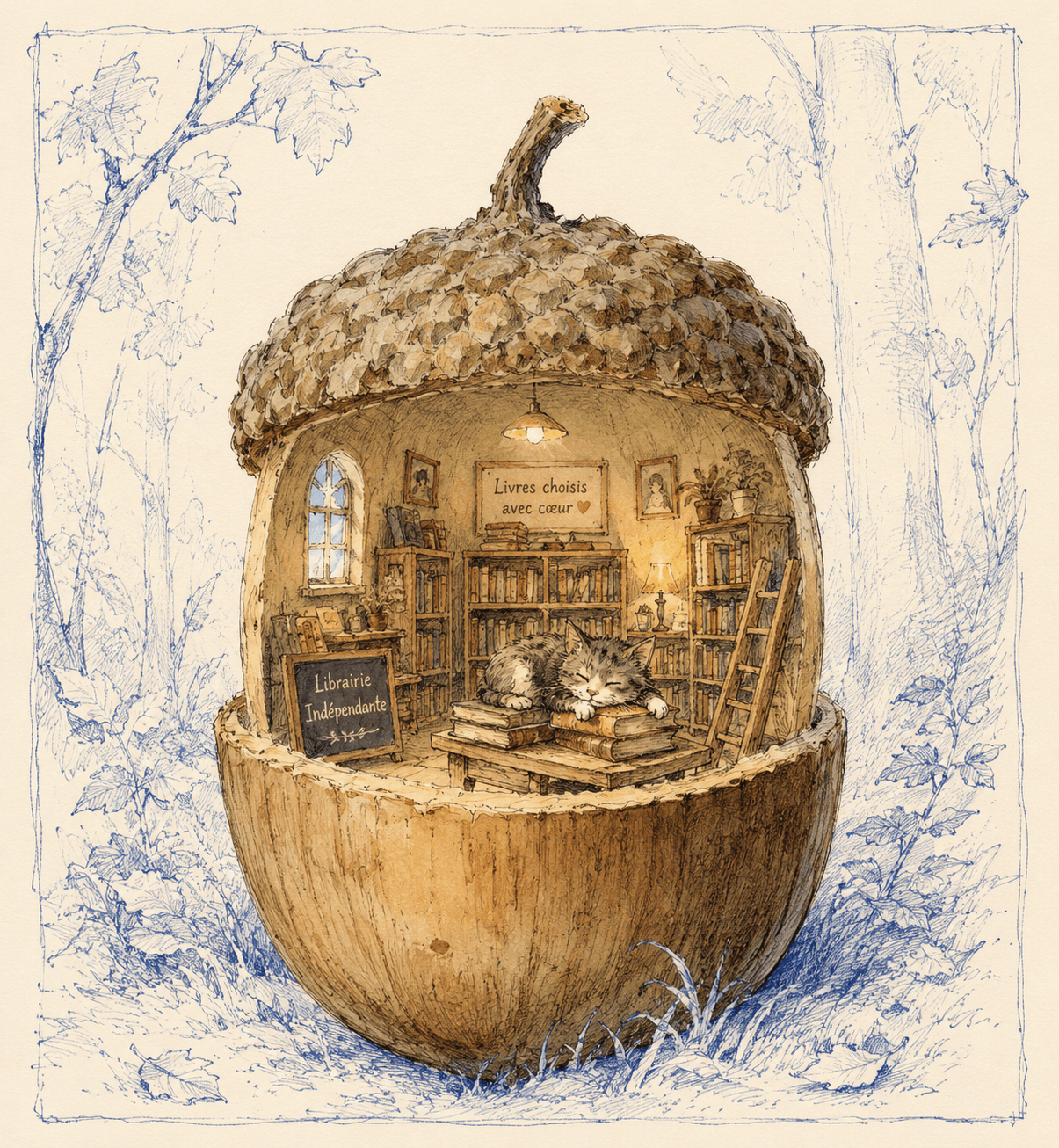 Librairie indépendante nichée dans un gland — illustration pour L'AMagie